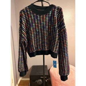 Cupshe Black Base with Multicolor Knit Cropped Sweater Sz L